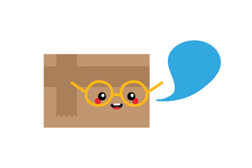 Vector cute cartoon style cardboard delivery box character with speech bubble, talking, giving advice or information.

