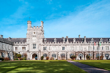 Fototapeta na wymiar Front view of the Long Hall and Clock Tower of University College Cork, Ireland.