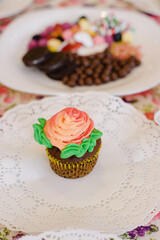 easter cake with eggs, sweet table, cake in a cafe