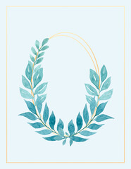 Watercolor Greeting, invitation card with tree branches in an oval shape with a place for the text, blank. Gold frame. Gentle blue background.