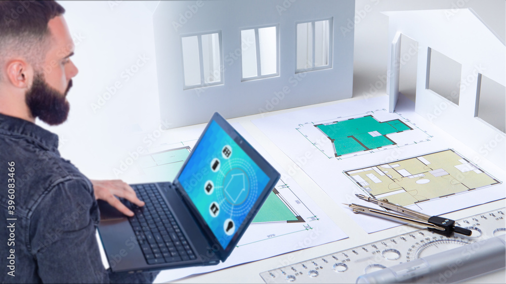 Poster engineer develops a smart home system. he thinks about arrangement of smart furniture. architect hol