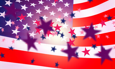 Abstract background with flag USA. Stars are painted in colors of flag of America. Close up of flag of United States of America. Background on theme American patriotism. Stars flying out of USA flag