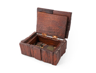 Old wooden box with old coins