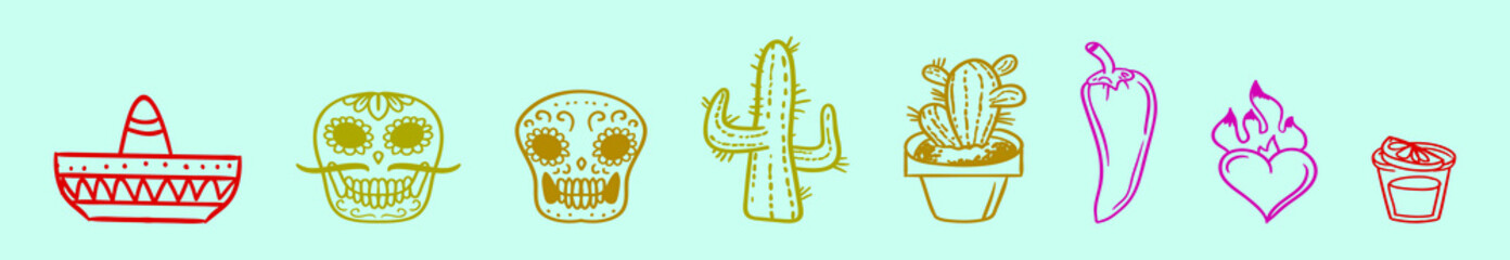 set of mexico element cartoon icon design template with various models. vector illustration isolated on blue background