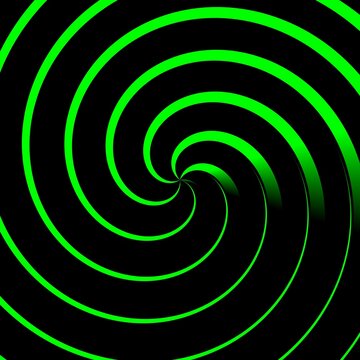 many variations in neon green geometric symmetric patterns on black background with white labyrinth type grid © john