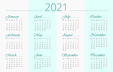2021 Calendar in English. Horizontal simple and clean design Stock illustration. 12 months. 