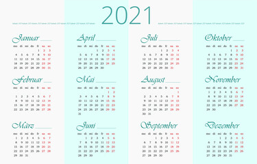 German 2021 year Calendar stock illustration. 12 months. Horizontal Simple and clean design of 2021 year in German