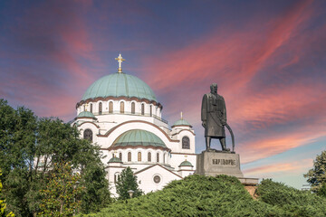 View of bell towers of St. Sava temple of Serbian Orthodox Church on Slavia square in Serbian...