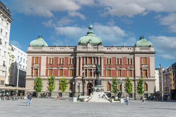 Obraz premium View of Serbian National Museum at Republic Square or Square of the Republic in the Serbian capital city Belgrade