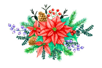 Christmas flower bouquet arrangement watercolor illustration, clipping path