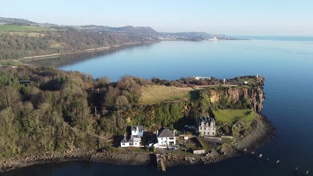 Aerial view Aberdour Harbour and Rock, Aberdour village, Fife, Scotland