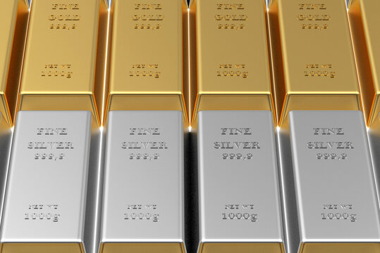 Rows of gold and silver bars close-up. 3d illustration