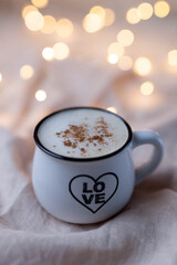 Cup of hot cocoa, bokeh, christmas concept