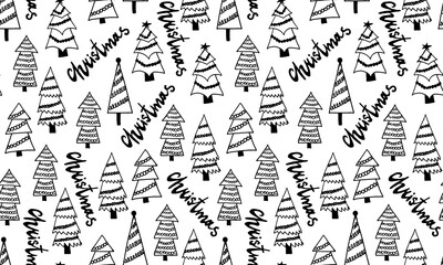 Decorated Christmas tree illustration. Doodle outline drawing. Seamless pattern. New Year celebration, winter season. Festive plant, holiday symbol