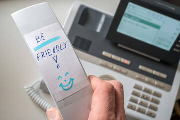 Telephone receiver marked "Be friendly" in English