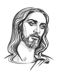Jesus Christ, graphic sketch portrait hand drawing.. Watercolor illustration, jpg