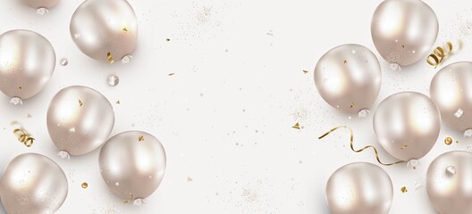 Happy Birthday background. Flat lay horizontal banner with realistic balloons on a white.Top view. Anniversary. Vector. © Inai