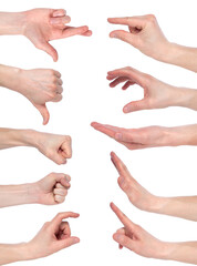 Male hand gestures isolated over the white background, set of multiple images. Images set of male caucasian hand gestures isolated on white background