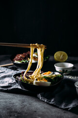 Japanese ramen soup on dark background