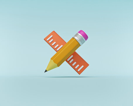 minimal Pencil and ruler Icon Isolated on pastel blue background. education concept. 3d rendering