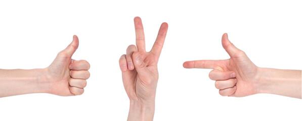 Male hand gestures isolated over the white background, set of multiple images. Images set of male caucasian hand gestures isolated on white background