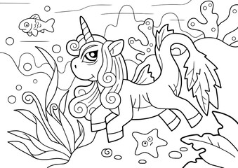 cute pony unicorn swims underwater, coloring book