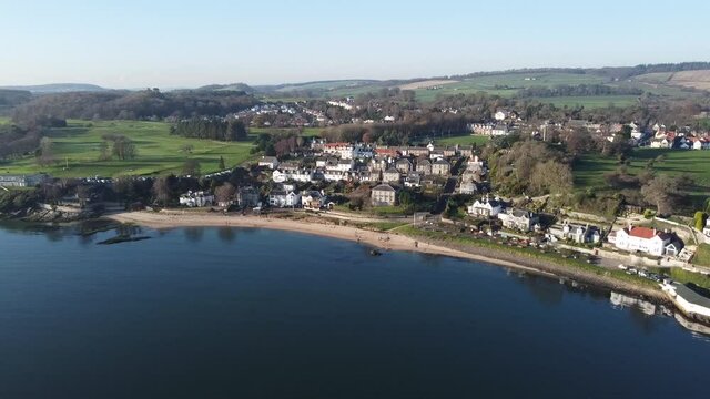 Aerial view beautiful Aberdour village, Black Sands. Aberdour is a scenic and historic village on the south coast of Fife, Scotland.