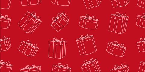 Seamless pattern with linear 3d gift boxes illustrations, red backdrop with white line