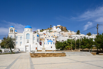 Cathedral Church of Ios at the main square of the town of Chora on Ios Island. Cyclades, Greece