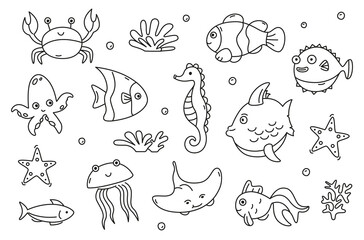 Set of doodle fishes. Collection of outline sea animals.
