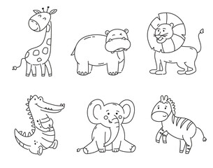 Set of doodle tropical animals. Collection of cute characters isolated.