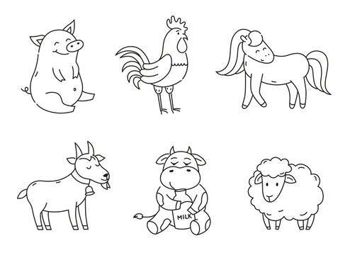 Set of doodle farm animals isolated. Collection of coloring characters.
