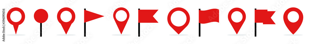 Poster map pin and waving flags vector icons. collection map markers. set of red circle pointers isolated o