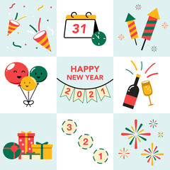 Set of new year party doodle elements. Happy new year party card invitation. Champagne, calendar, balloon, gift, fireworks, countdown, confetti.