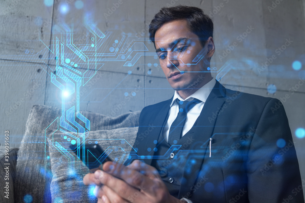 Poster businessman in office working with smartphone, new technologies hologram to optimize the process, ty