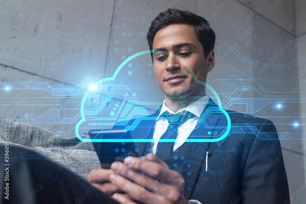 Poster businessman in office working with smartphone, it cloud hologram to optimize the working process, ty