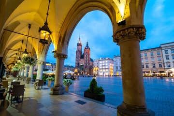 Old market square in Krakow in Poland during dusk