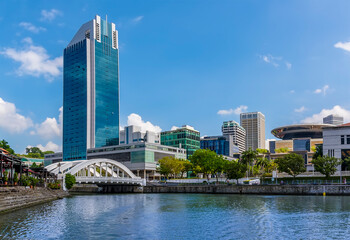 A view from the Singapore River past the Elgin Bridge to the Colonial area in Singapore, Asia