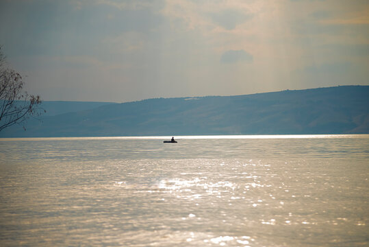 Sunset over the Sea of Galilee and Golan Heights. High quality photo.