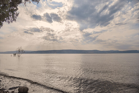 Sunset over the Sea of Galilee and Golan Heights. High quality photo.