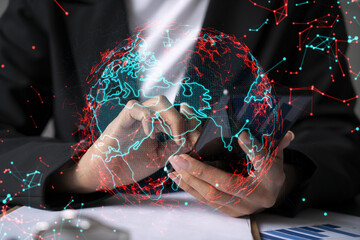 Businesswoman using smart phone in office. International business affairs with world map. Double exposure.