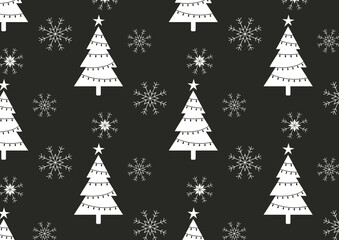 Christmas tree with  White snowflake Christmas tree on black color background. holiday blackground for Gift wrap, packaging