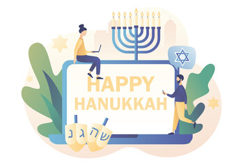 Traditional jewish holiday with tiny people and symbols - menorah candles, dreidels spinning top, star David. Happy Hanukkah - text on laptop screen. Modern flat cartoon style. Vector illustration
