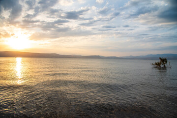 Sunset over the Sea of Galilee and Golan Heights. High quality photo.