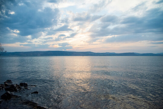 Sunset over the Sea of Galilee and Golan Heights. High quality photo.