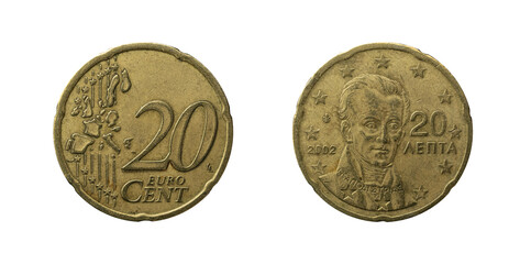 20 cents Euro coin from Greece with the portrait of Georges Stamatopoulos, obverse and reverse, year 2002.