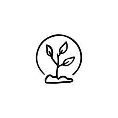 Plant isolated on white background. Eco friendly saving energy icon. Zero waste recycling. Sustainable alternative technology. Leaves and organic growing. Outline hand drawn illustration. 