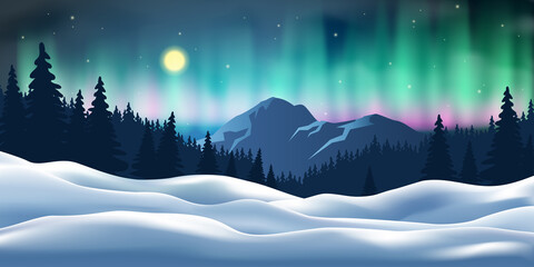 winter night landscape northern lights aurora borealis  snowdrifts mountain pine tree forest vector illustration