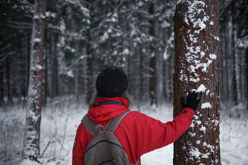 Fototapeta na wymiar girl in the winter forest view from the back