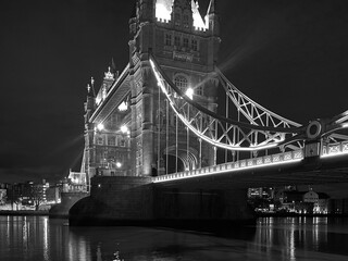 Black and white Tower bridge in London.